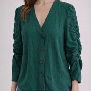 Maeve by Anthropologie Emerald Ruched Sleeve Button-Down Blouse